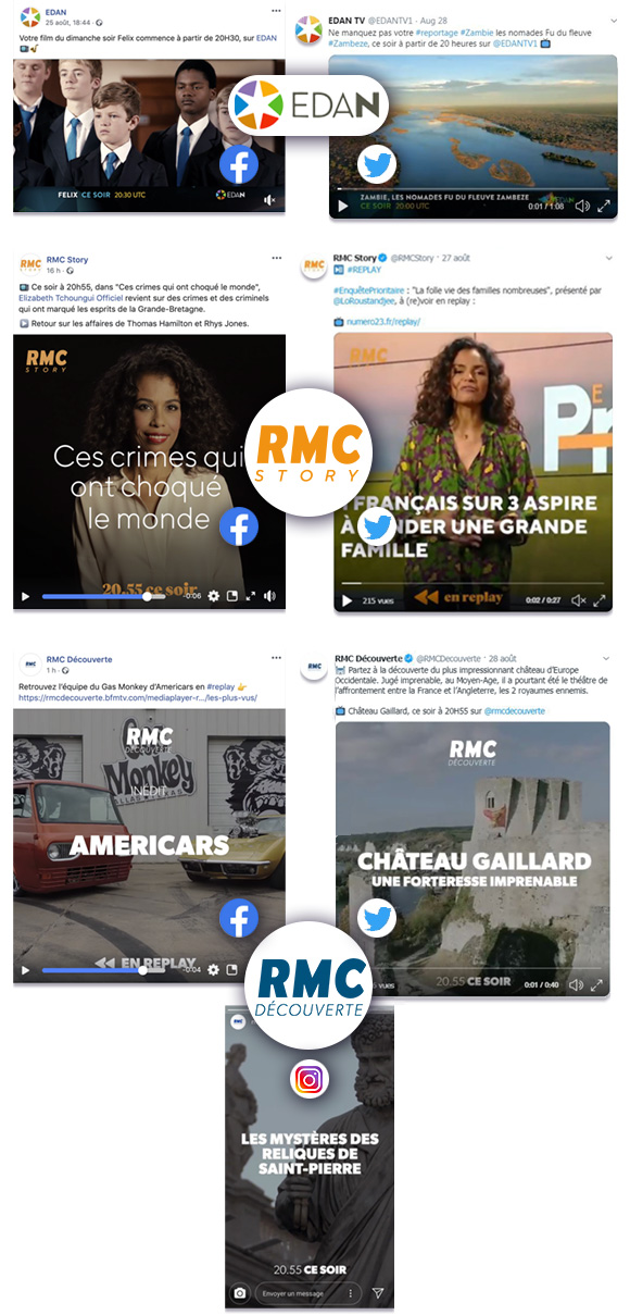 Animations Facebook, Twitter, Instagram for EDAN TV, RMC Story, RMC Découverte